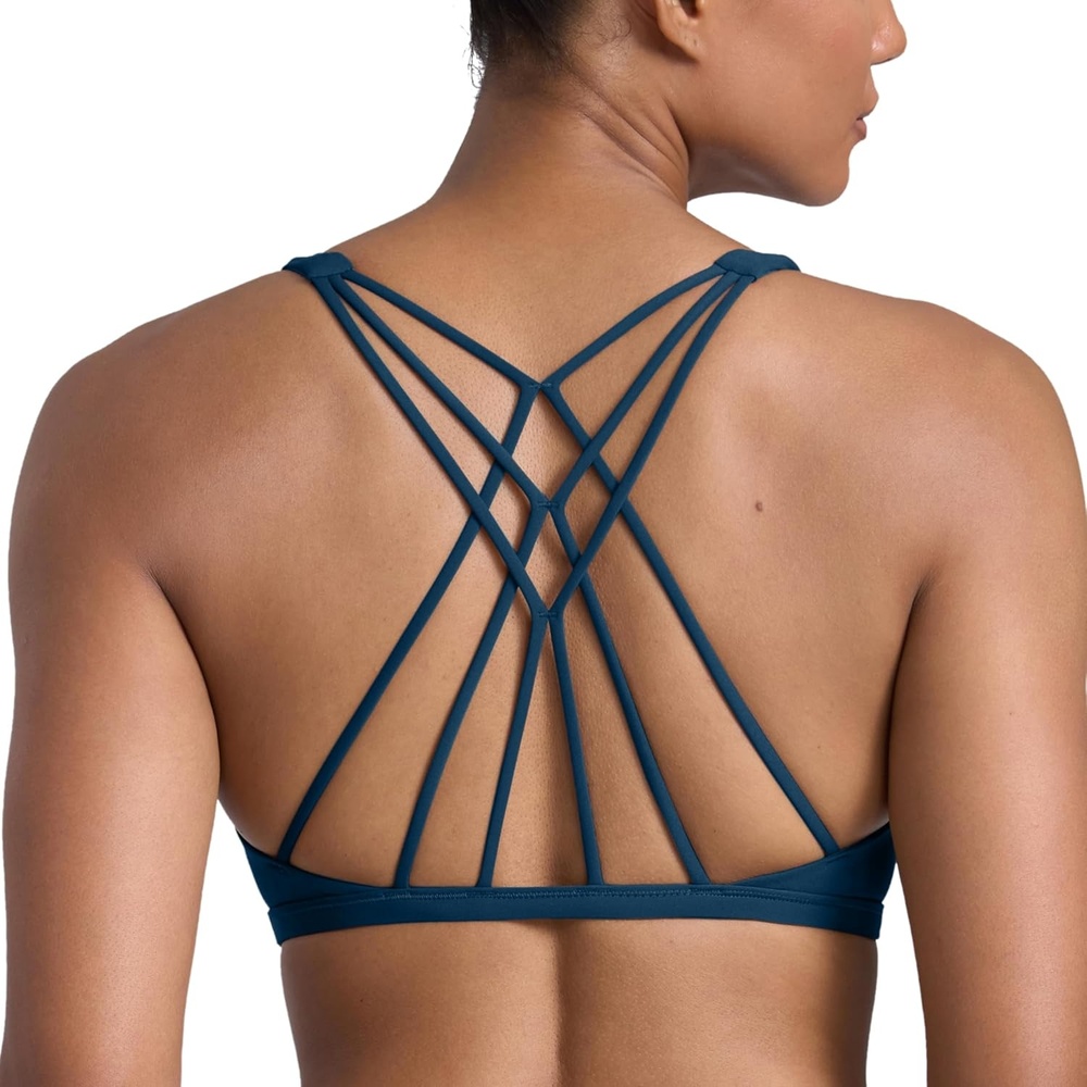 image:imageCRZ YOGA Womens Naked Feeling Criss Cross Sports Bra Strappy Back Padded Medium Support Wireless Gym Cami Workout YogaFrench Navy