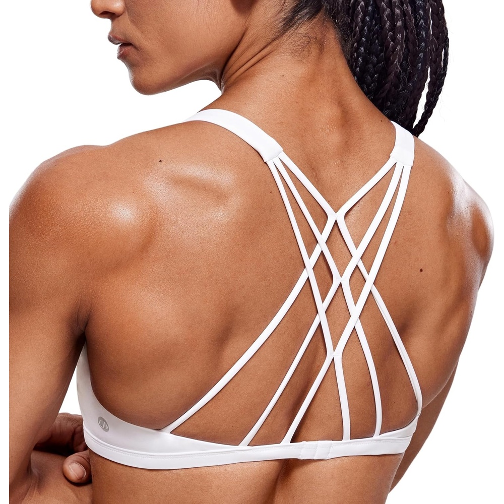 image:imageCRZ YOGA Womens Naked Feeling Criss Cross Sports Bra Strappy Back Padded Medium Support Wireless Gym Cami Workout YogaWhite