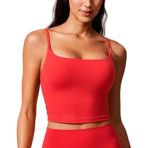 CRZ YOGA Butterlift Adjustable U Back Crop Tank Tops for Women – Padded Camisole Scoop Neck Workout Longline Sports Bras(Deep Red)