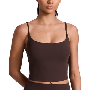CRZ YOGA Butterlift Adjustable U Back Crop Tank Tops for Women – Padded Camisole Scoop Neck Workout Longline Sports Bras(Hot Fudge Brown)