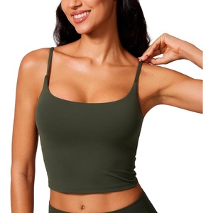 CRZ YOGA Butterlift Adjustable U Back Crop Tank Tops for Women – Padded Camisole Scoop Neck Workout Longline Sports Bras(Olive Green)