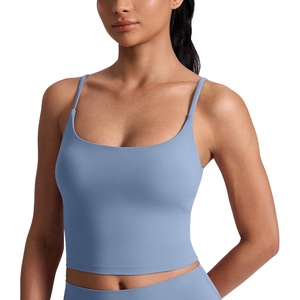 CRZ YOGA Butterlift Adjustable U Back Crop Tank Tops for Women – Padded Camisole Scoop Neck Workout Longline Sports Bras(Washed Denim)