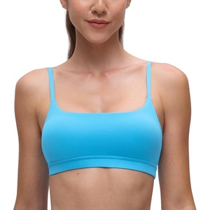 CRZ YOGA Butterluxe Adjustable Spaghetti Strap Sports Bras for Women – Scoop Neck Wireless Padded Yoga Workout Crop Top(Kayak Blue)