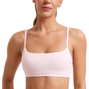 CRZ YOGA Butterluxe Adjustable Spaghetti Strap Sports Bras for Women – Scoop Neck Wireless Padded Yoga Workout Crop Top(Strawberry Pink)
