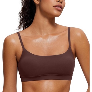 CRZ YOGA Butterluxe Adjustable Spaghetti Strap Sports Bras for Women – Scoop Neck Wireless Padded Yoga Workout Crop Top(Taupe)