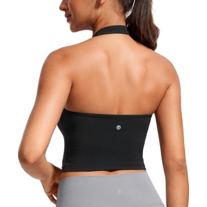 CRZ YOGA Butterluxe Halter Crop Tank Tops for Women – Open Back Padded Longline Sports Bras Workout Gym(Black)