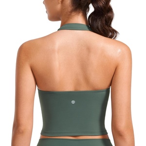 CRZ YOGA Butterluxe Halter Crop Tank Tops for Women – Open Back Padded Longline Sports Bras Workout Gym(Dark Forest Green)