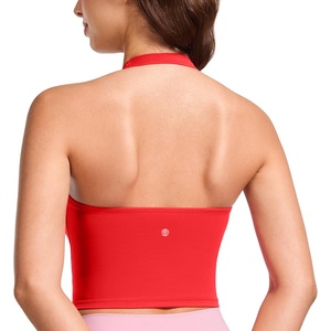 CRZ YOGA Butterluxe Halter Crop Tank Tops for Women – Open Back Padded Longline Sports Bras Workout Gym(Deep Red)