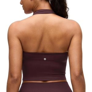 CRZ YOGA Butterluxe Halter Crop Tank Tops for Women – Open Back Padded Longline Sports Bras Workout Gym(Ripe Plum)