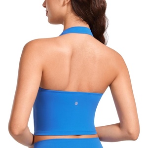 CRZ YOGA Butterluxe Halter Crop Tank Tops for Women – Open Back Padded Longline Sports Bras Workout Gym(Sparkle Blue)