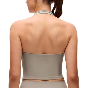 CRZ YOGA Butterluxe Halter Crop Tank Tops for Women – Open Back Padded Longline Sports Bras Workout Gym(Warm Ash Grey)