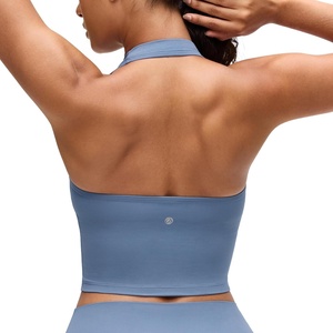 CRZ YOGA Butterluxe Halter Crop Tank Tops for Women – Open Back Padded Longline Sports Bras Workout Gym(Washed Denim)