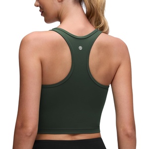 CRZ YOGA Butterluxe Racerback Crop Tank Tops for Women – Padded Y-Back Longline Sports Bras Scoop Neck Workout Yoga(Legend Green)