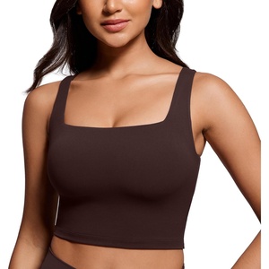 CRZ YOGA Butterluxe Square Neck Crop Tank Tops for Women – Workout Longline Sports Bras Padded Yoga Camisole(Hot Fudge Brown)