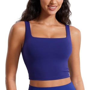 CRZ YOGA Butterluxe Square Neck Crop Tank Tops for Women – Workout Longline Sports Bras Padded Yoga Camisole(Larkspur Blue)