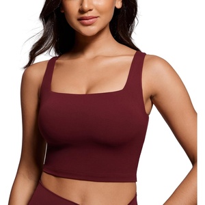 CRZ YOGA Butterluxe Square Neck Crop Tank Tops for Women – Workout Longline Sports Bras Padded Yoga Camisole(Red Merlot)
