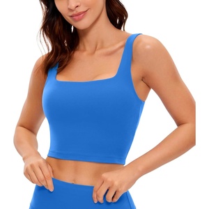 CRZ YOGA Butterluxe Square Neck Crop Tank Tops for Women – Workout Longline Sports Bras Padded Yoga Camisole(Sparkle Blue)