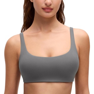 CRZ YOGA Butterluxe Square Neck Spaghetti Strap Sports Bras for Women – Low Coverage Yoga Wireless Padded Cami Crop Top(Ash Grey)