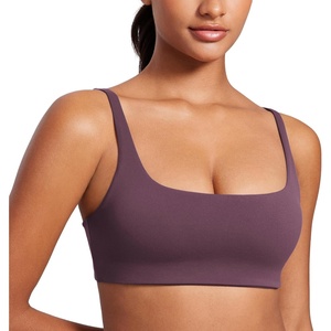 CRZ YOGA Butterluxe Square Neck Spaghetti Strap Sports Bras for Women – Low Coverage Yoga Wireless Padded Cami Crop Top(Grape Thistle Purple)
