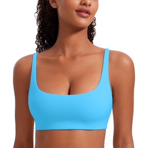 CRZ YOGA Butterluxe Square Neck Spaghetti Strap Sports Bras for Women – Low Coverage Yoga Wireless Padded Cami Crop Top(Kayak Blue)