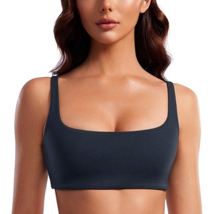 CRZ YOGA Butterluxe Square Neck Spaghetti Strap Sports Bras for Women – Low Coverage Yoga Wireless Padded Cami Crop Top(True Navy)