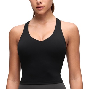 CRZ YOGA Butterluxe V Neck Racerback Crop Tank Tops for Women – Wireless Padded Yoga Longline Sports Bra(Black)