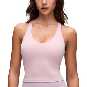 CRZ YOGA Butterluxe V Neck Racerback Crop Tank Tops for Women – Wireless Padded Yoga Longline Sports Bra(Pink Haze)