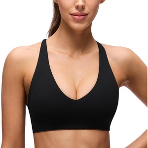 CRZ YOGA Butterluxe V Neck Twist Cross Back Sports Bras for Women – Adjustable Spaghetti Straps Padded Crop Yoga Top(Black)