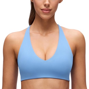 CRZ YOGA Butterluxe V Neck Twist Cross Back Sports Bras for Women – Adjustable Spaghetti Straps Padded Crop Yoga Top(Party Blue)