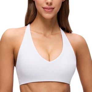 CRZ YOGA Butterluxe V Neck Twist Cross Back Sports Bras for Women – Adjustable Spaghetti Straps Padded Crop Yoga Top(White)