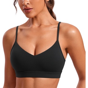 CRZ YOGA Butterluxe V-Neck Sports Bras for Women – Adjustable Thin Straps Padded Yoga Top Basic Wireless Camisole(Black)