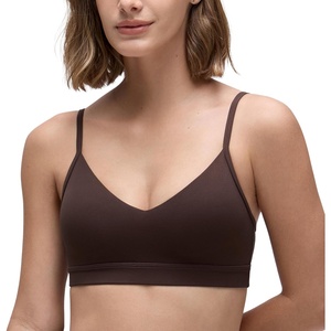 CRZ YOGA Butterluxe V-Neck Sports Bras for Women – Adjustable Thin Straps Padded Yoga Top Basic Wireless Camisole(Hot Fudge Brown)