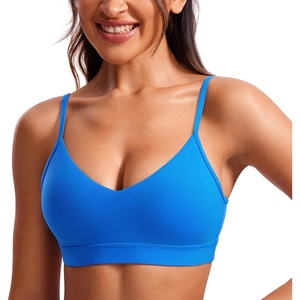 CRZ YOGA Butterluxe V-Neck Sports Bras for Women – Adjustable Thin Straps Padded Yoga Top Basic Wireless Camisole(Sparkle Blue)
