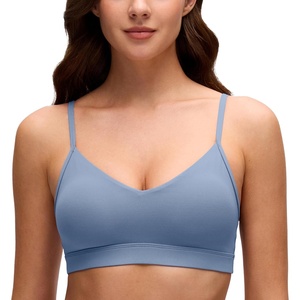 CRZ YOGA Butterluxe V-Neck Sports Bras for Women – Adjustable Thin Straps Padded Yoga Top Basic Wireless Camisole(Washed Denim)