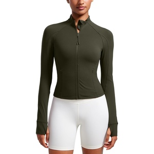 CRZ YOGA Butterluxe Waist Length Jackets for Women – Full Zip Athletic Track Tops with Thumb Holes Pockets(Olive Green)