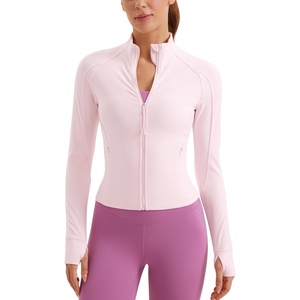 CRZ YOGA Butterluxe Waist Length Jackets for Women – Full Zip Athletic Track Tops with Thumb Holes Pockets(Strawberry Pink)