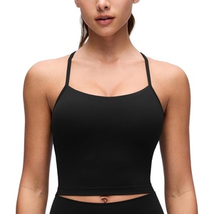 CRZ YOGA Butterluxe Y Back Crop Tank Tops for Women – Spaghetti Straps Racerback Padded Yoga Workout Longline Sports Bras(Black)