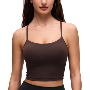 CRZ YOGA Butterluxe Y Back Crop Tank Tops for Women – Spaghetti Straps Racerback Padded Yoga Workout Longline Sports Bras(Hot Fudge Brown)