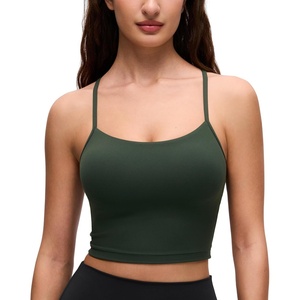 CRZ YOGA Butterluxe Y Back Crop Tank Tops for Women – Spaghetti Straps Racerback Padded Yoga Workout Longline Sports Bras(Legend Green)