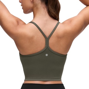 CRZ YOGA Butterluxe Y Back Crop Tank Tops for Women – Spaghetti Straps Racerback Padded Yoga Workout Longline Sports Bras(Light Army Green)