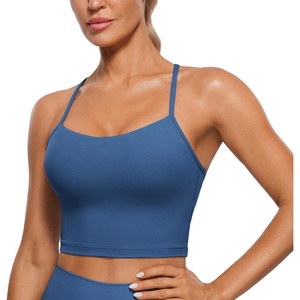 CRZ YOGA Butterluxe Y Back Crop Tank Tops for Women – Spaghetti Straps Racerback Padded Yoga Workout Longline Sports Bras(Pitch Blue)