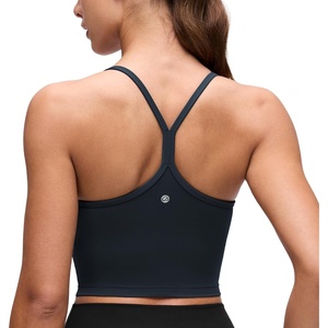 CRZ YOGA Butterluxe Y Back Crop Tank Tops for Women – Spaghetti Straps Racerback Padded Yoga Workout Longline Sports Bras(True Navy)