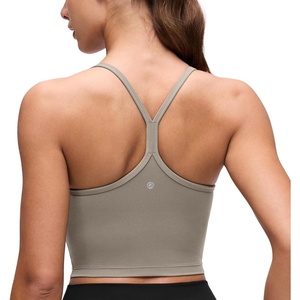 CRZ YOGA Butterluxe Y Back Crop Tank Tops for Women – Spaghetti Straps Racerback Padded Yoga Workout Longline Sports Bras(Warm Ash Grey)