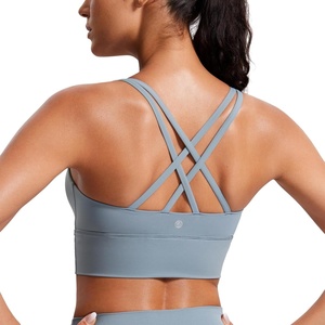 CRZ YOGA Naked Feeling Strappy Longline Sports Bras for Women – Medium Impact Criss Cross Yoga Padded Workout Crop Top(Belgian Blue)