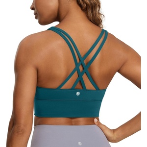 CRZ YOGA Naked Feeling Strappy Longline Sports Bras for Women – Medium Impact Criss Cross Yoga Padded Workout Crop Top(Borealis Green)