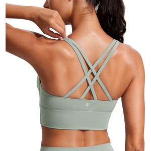 CRZ YOGA Naked Feeling Strappy Longline Sports Bras for Women – Medium Impact Criss Cross Yoga Padded Workout Crop Top(Green Palm Court)