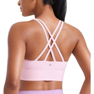 CRZ YOGA Naked Feeling Strappy Longline Sports Bras for Women – Medium Impact Criss Cross Yoga Padded Workout Crop Top(Strawberry Pink)