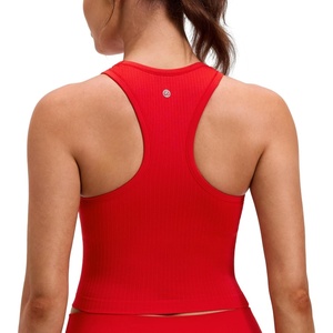 CRZ YOGA Seamless Ribbed High Neck Crop Tank Tops for Women – Longline Racerback Padded Sports Bras(Deep Red)