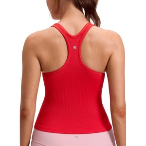 CRZ YOGA Seamless Ribbed Scoop Neck Tank Top for Women – Workout Racerback Padded Athletic Camisole with Built in Bra(Deep Red)