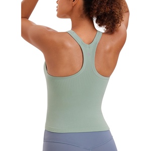 CRZ YOGA Seamless Ribbed Scoop Neck Tank Top for Women – Workout Racerback Padded Athletic Camisole with Built in Bra(Green Palm Court)
